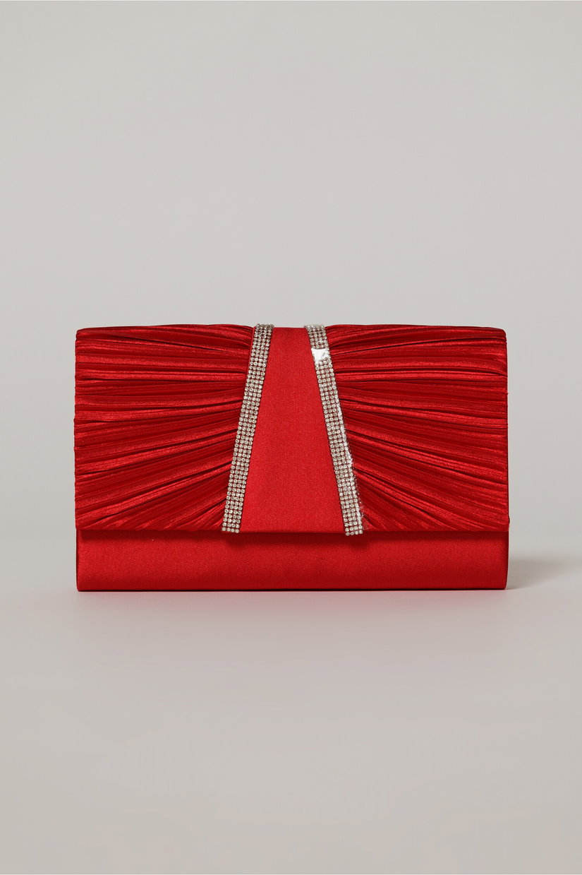 Clutch rosu satinat decorat cu benzi stralucitoare