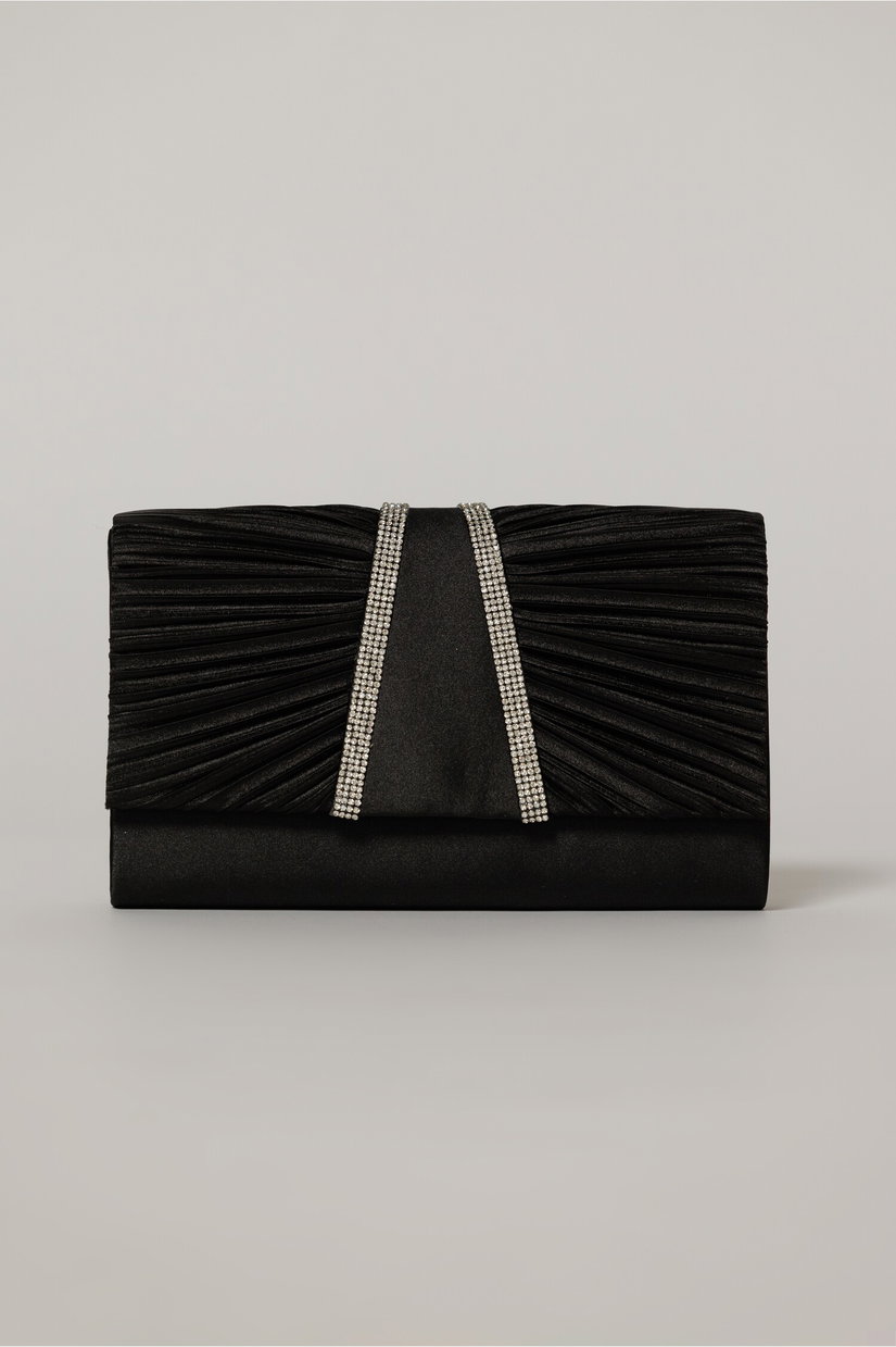 Clutch negru satinat decorat cu benzi stralucitoare