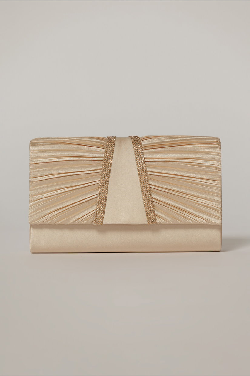 Clutch bej satinat decorat cu benzi stralucitoare