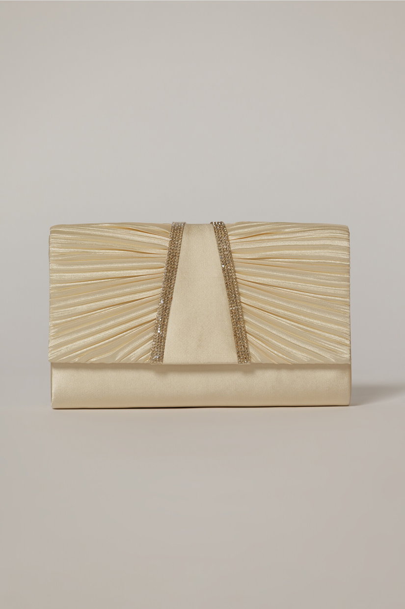 Clutch galben pal satinat decorat cu benzi stralucitoare