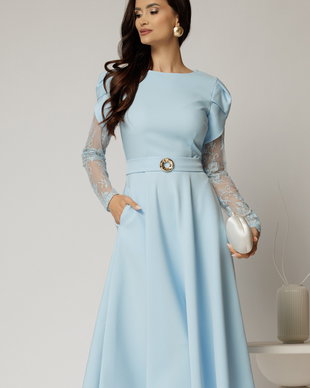 Rochie midi bleu cu maneci din dantela si cordon detasabil