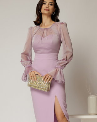 Rochie DY Fashion lila cu maneci lungi din voal cu croi mulat