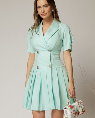 Rochie scurta turcoaz tip sacou cu pliuri pe fusta