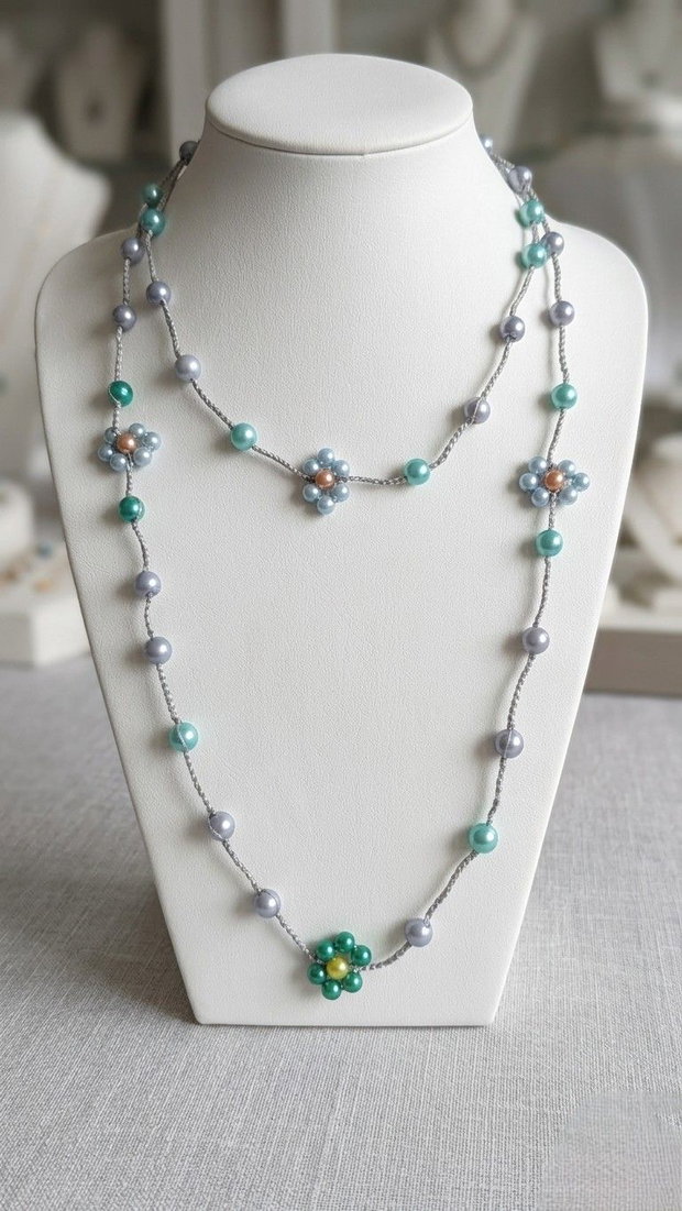 Colier Long Sautoir "Grădina de Perle" Flori Delicate în Nuanțe Pastelate