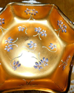 Bol  mic vintage    cristal neted   Bohemia , pictat, aur coloidal