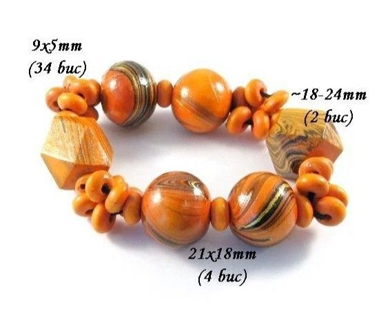 4008 - Bratara, margele lemn pe fir elastic, orange portocaliu