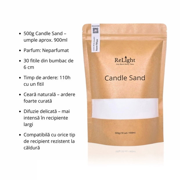 Lumanare Sand cu Ceara Granule 500g si 30 Fitile Bumbac, Alb Natural