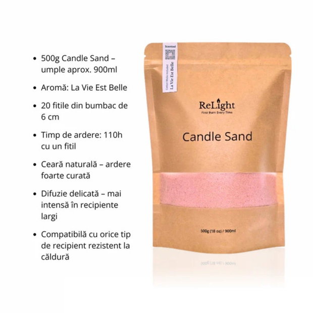 Lumanare din nisip parfumata, Relight, La Vie Est Belle, 500g, 30 fitile din bumbac, reutilizabila