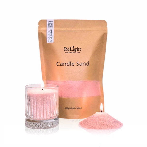 Lumanare din nisip parfumata, Relight, La Vie Est Belle, 500g, 30 fitile din bumbac, reutilizabila