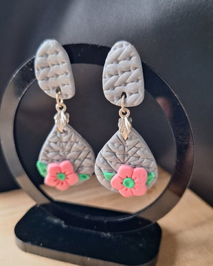 Cercei Boho Grey & Pink  Textură reliefată din lut polimeric