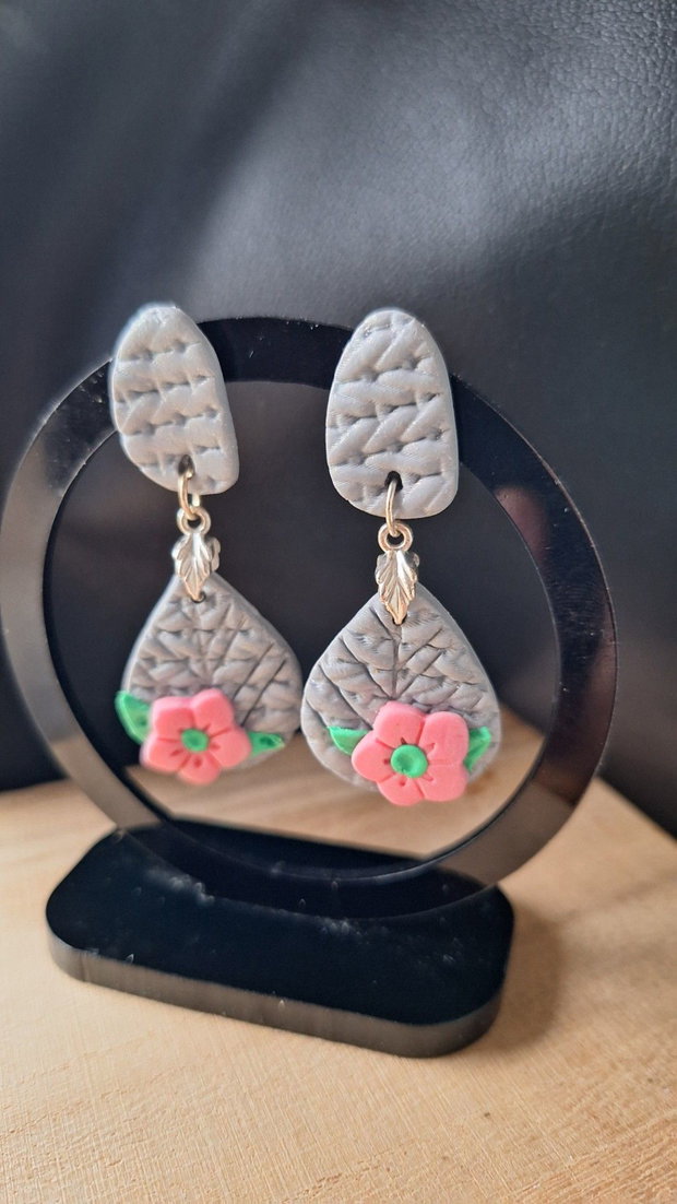 Cercei Boho Grey & Pink Textură reliefată din lut polimeric