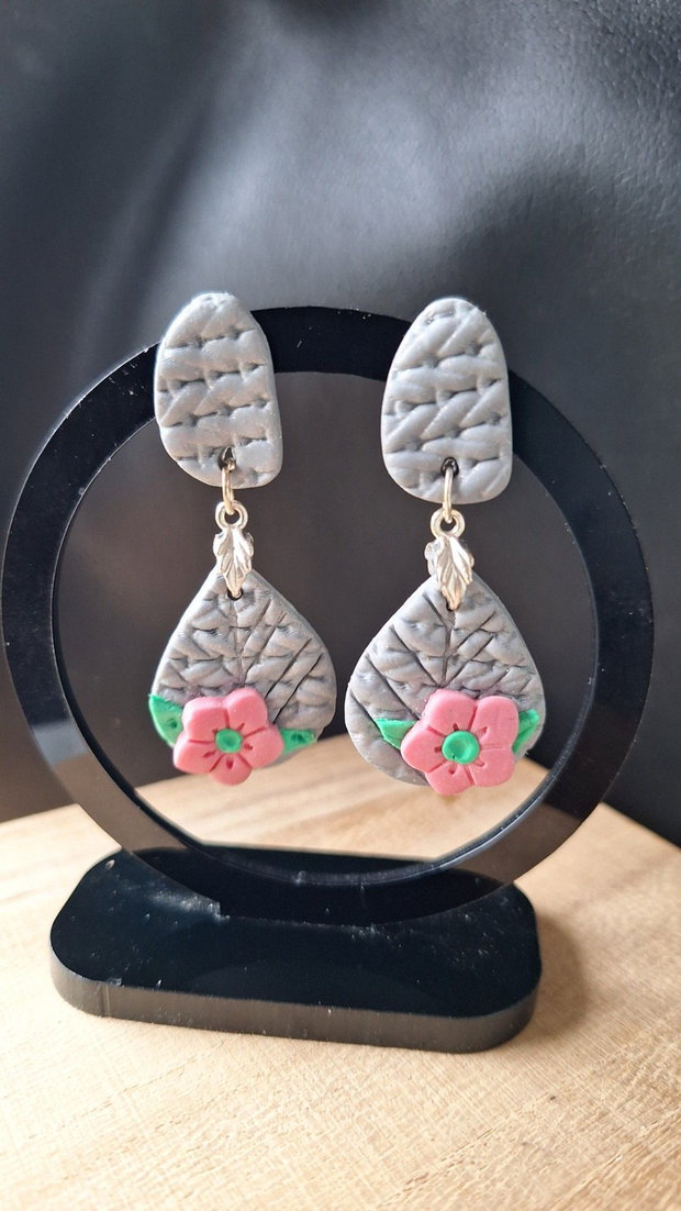 Cercei Boho Grey & Pink Textură reliefată din lut polimeric