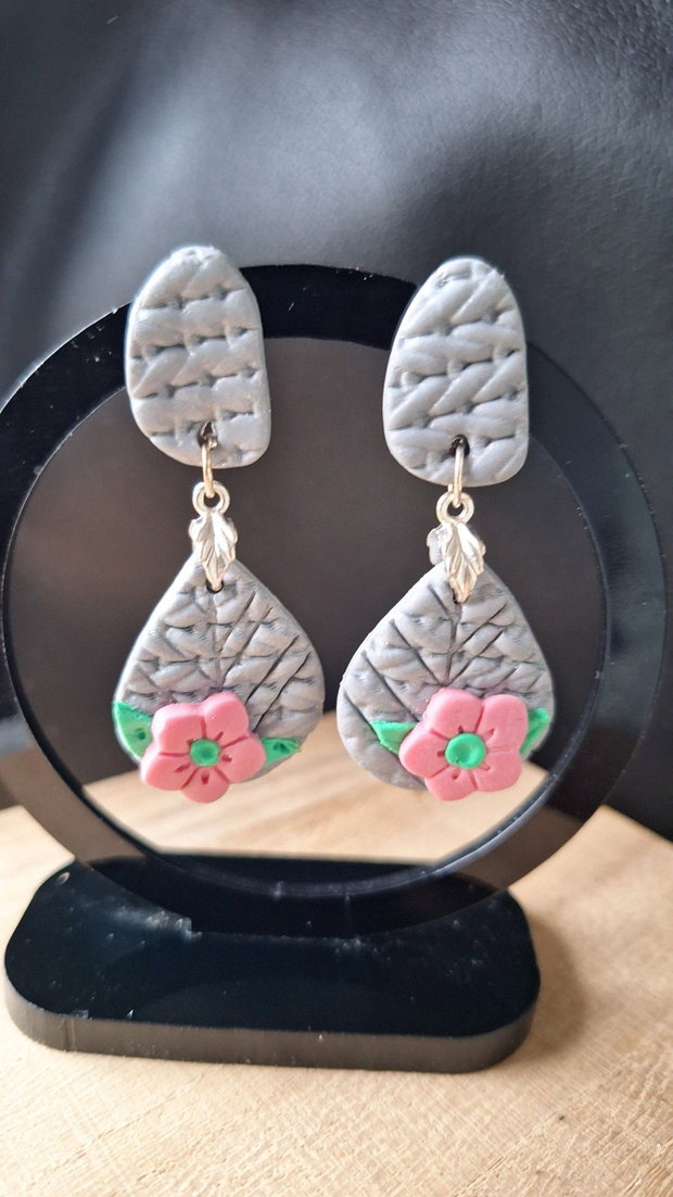 Cercei Boho Grey & Pink Textură reliefată din lut polimeric
