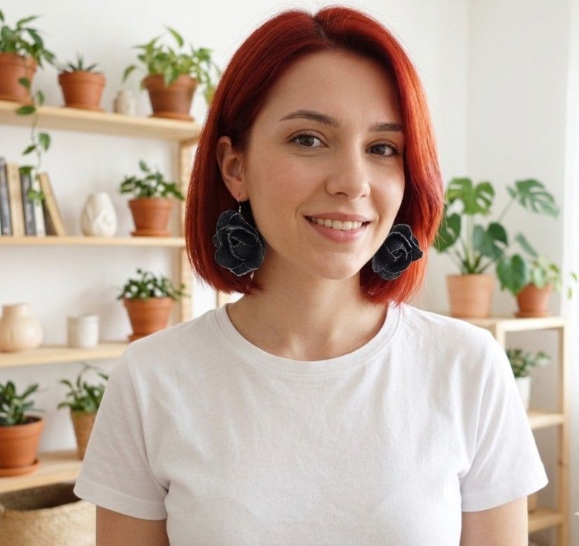 Cercei statement din blugi reciclat flori handmade (cod1429)
