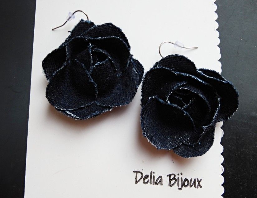 Cercei statement din blugi reciclat flori handmade (cod1429)