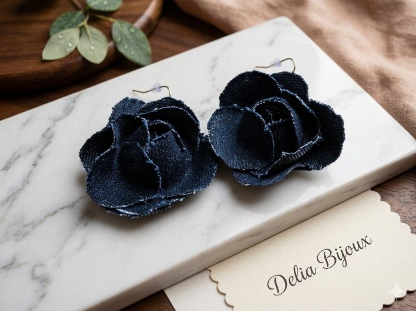 Cercei statement din blugi reciclat flori handmade (cod1429)