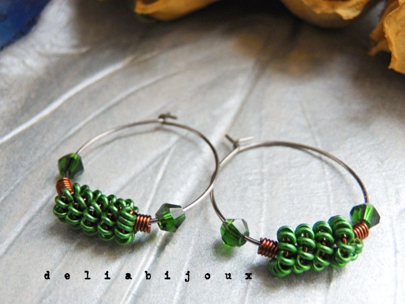 Cercei handmade hoop din cupru non-tarnish și aluminiu verde, pe bază din inox (cod1431)
