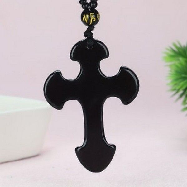 KT0019 - Pandantiv / amuleta / talisman, obsidian de sinteza, negru lucios, cruce, 52x37x11mm