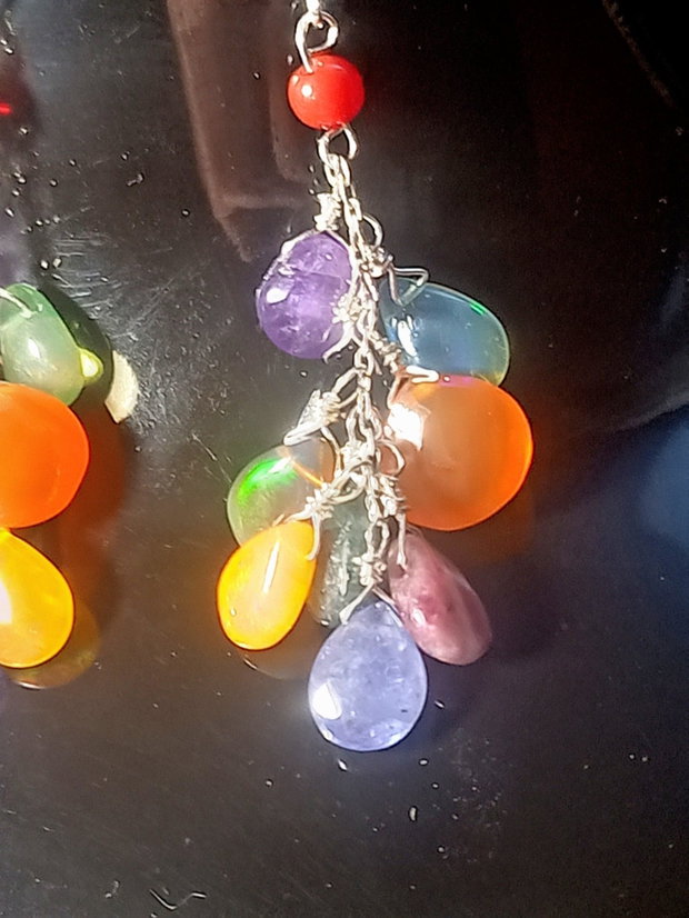 Cercei argint opal etiopian turmalina tanzanit carneol ametist briolete multiccolori ciorchine boho chic trendy