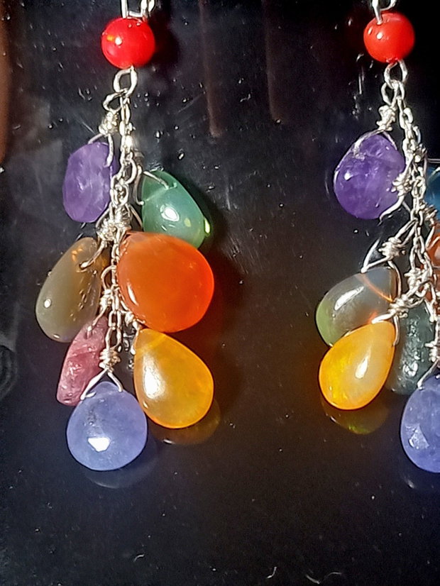 Cercei argint opal etiopian turmalina tanzanit carneol ametist briolete multiccolori ciorchine boho chic trendy