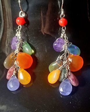 Cercei argint opal etiopian turmalina tanzanit carneol ametist briolete multiccolori ciorchine boho chic trendy