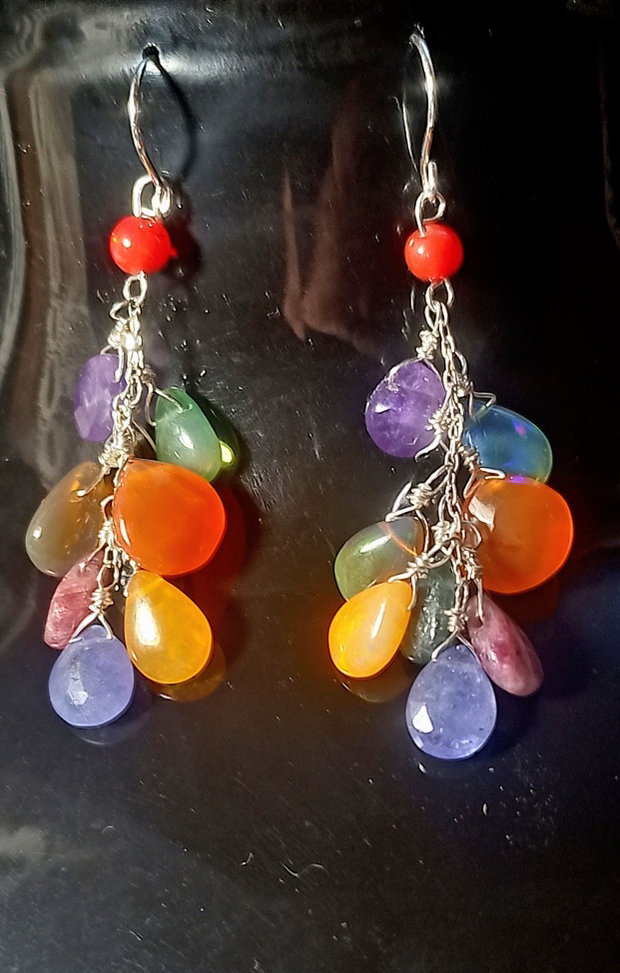 Cercei argint opal etiopian turmalina tanzanit carneol ametist briolete multiccolori ciorchine boho chic trendy