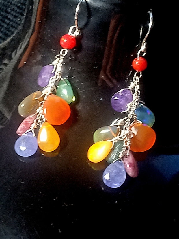 Cercei argint opal etiopian turmalina tanzanit carneol ametist briolete multiccolori ciorchine boho chic trendy