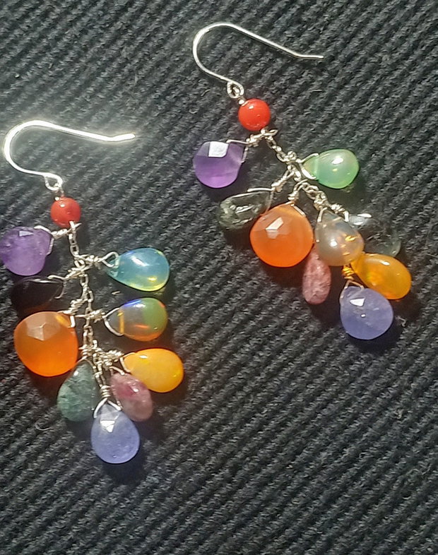 Cercei argint opal etiopian turmalina tanzanit carneol ametist briolete multiccolori ciorchine boho chic trendy