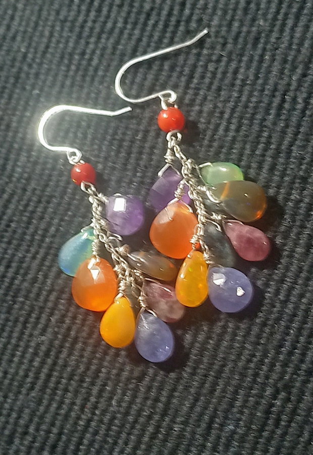 Cercei argint opal etiopian turmalina tanzanit carneol ametist briolete multiccolori ciorchine boho chic trendy