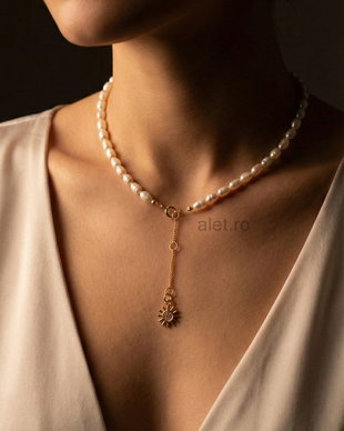 Colier handmade din Argint 925 placat Aur cu perle naturale, pandantiv tip prelungire soare si inima