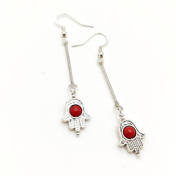 Cercei handmade cu coral rosu si simbol Hamsa, 4666