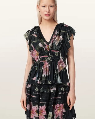 AllSaints bluză cu volane pentru femei, din modal CANTO