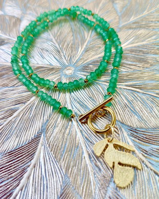Colier CHOKER jad verde & pandantiv zamac aurit