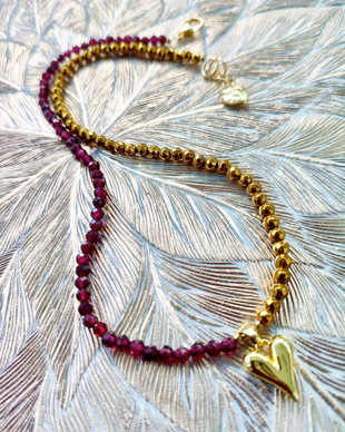 Colier CHOKER Granat bordo & hematit auriu