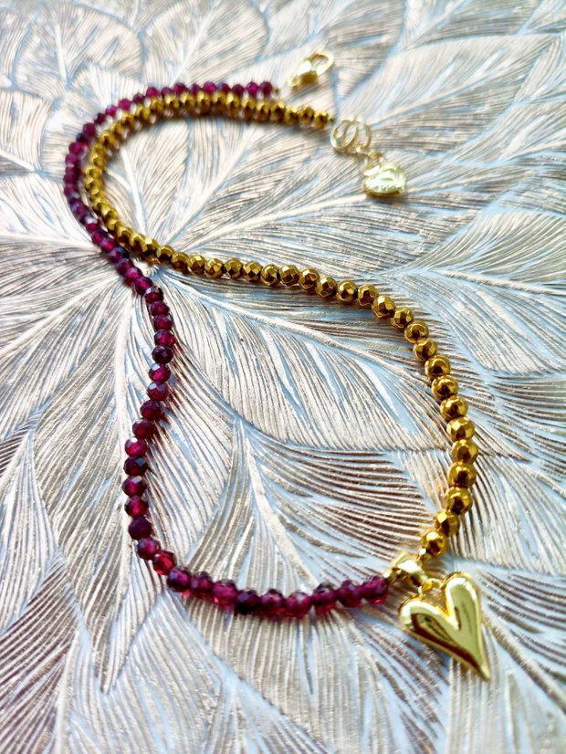 Colier CHOKER Granat bordo & hematit auriu
