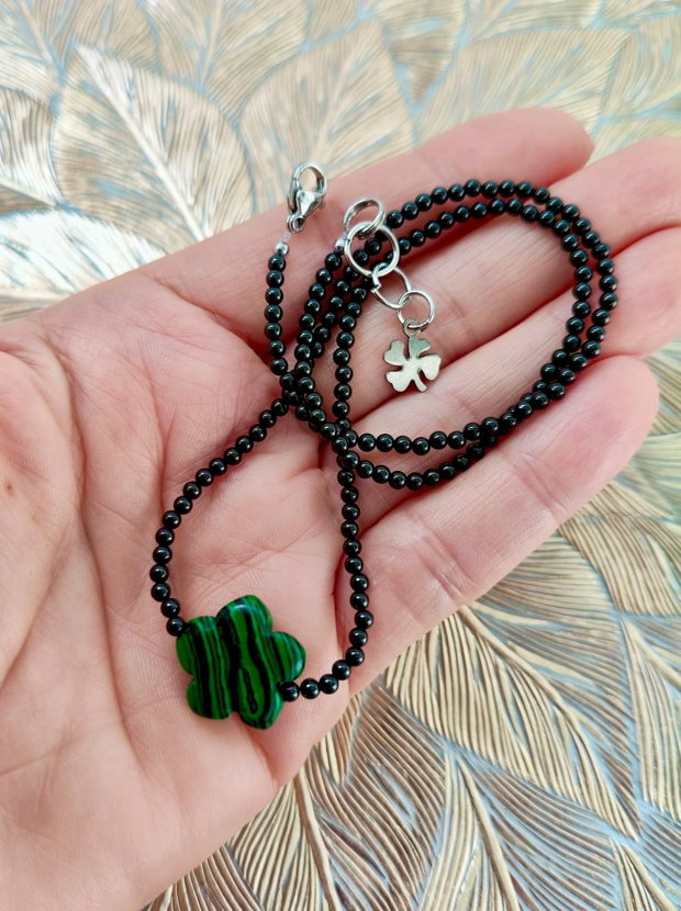 Colier CHOKER spinel negru & floare malachit