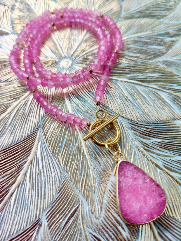 Colier agate roz & pandantiv druzy