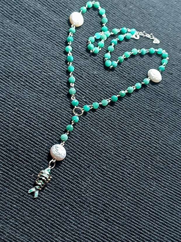 Colier argint amazonit perle naturale de cultura charm argint emailat peste boho chic trendy
