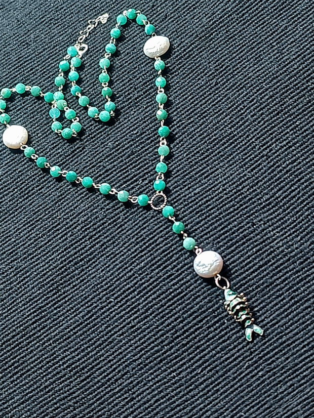 Colier argint amazonit perle naturale de cultura charm argint emailat peste boho chic trendy