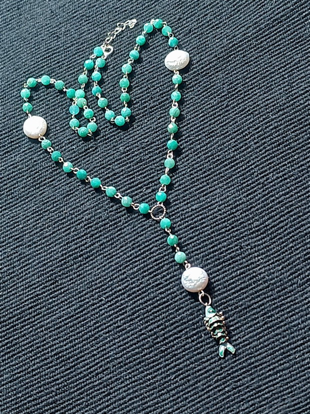 Colier argint amazonit perle naturale de cultura charm argint emailat peste boho chic trendy