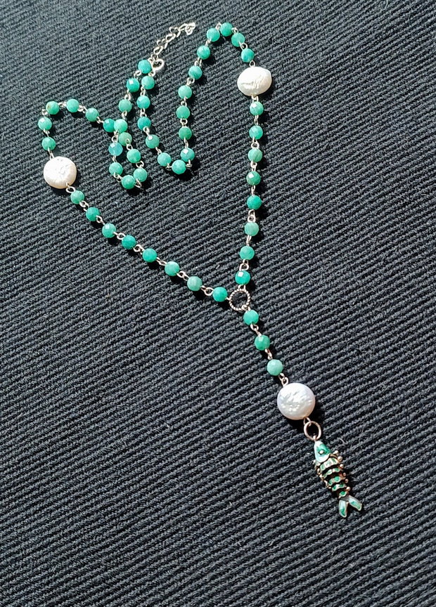 Colier argint amazonit perle naturale de cultura charm argint emailat peste boho chic trendy