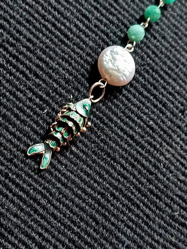 Colier argint amazonit perle naturale de cultura charm argint emailat peste boho chic trendy