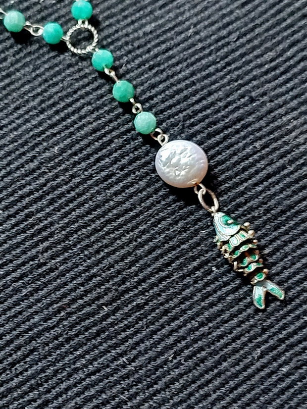 Colier argint amazonit perle naturale de cultura charm argint emailat peste boho chic trendy