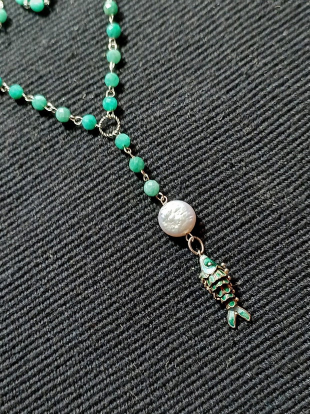 Colier argint amazonit perle naturale de cultura charm argint emailat peste boho chic trendy