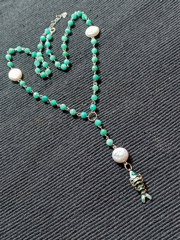 Colier argint amazonit perle naturale de cultura charm argint emailat peste boho chic trendy