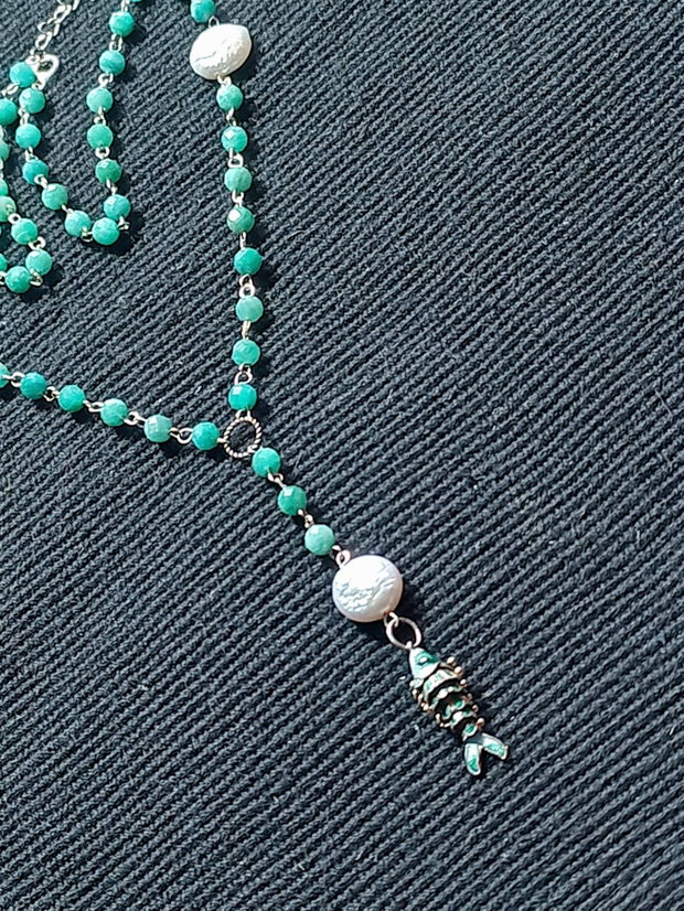 Colier argint amazonit perle naturale de cultura charm argint emailat peste boho chic trendy