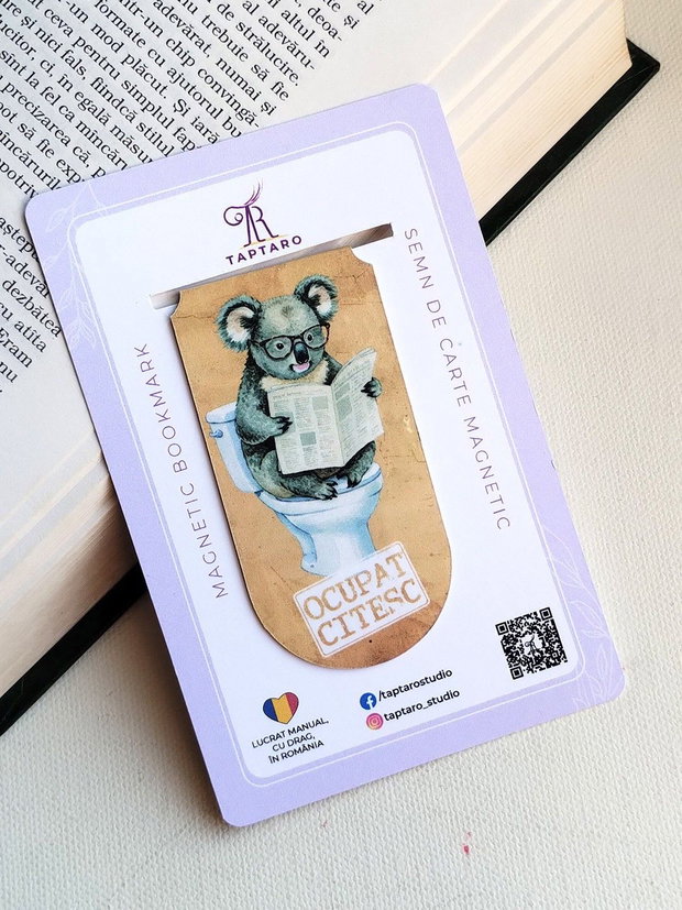 Semn de carte magnetic "Ocupat. Citesc" - Urs Koala la toaleta