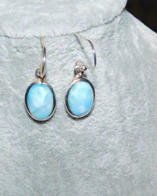 Cercei  argint, piatra mare  larimar,   tortite libere,  noi,  republica dominicana