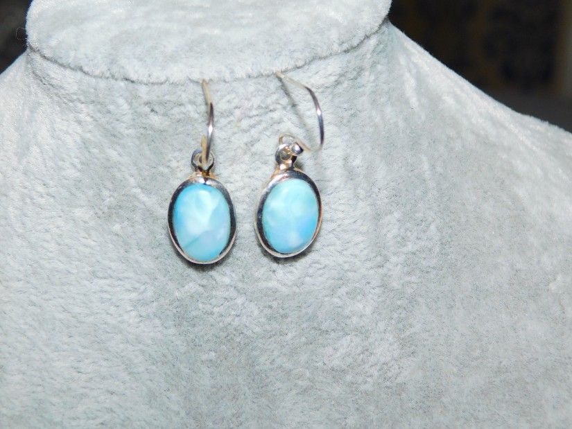 Cercei  argint, piatra mare  larimar,   tortite libere,  noi,  republica dominicana