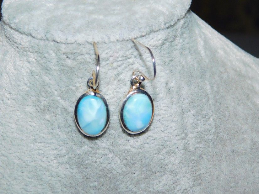 Cercei  argint, piatra mare  larimar,   tortite libere,  noi,  republica dominicana